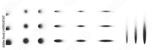 Dot grain sprays. Aerosol flow with noise texture, color gradation and shadow effect. Various dotted sprayed flows. Abstract black vector illustration set isolated on transparent background.