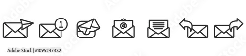 Email envelope icon vector illustration, sent mail, new mail, inbox, email, reply and forward mail. Social media icon. Linear mail icon set. Email icon set in transparent background. Editable stroke.