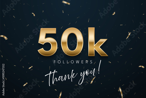 50k followers celebration banner. 3d social media achievement poster. Fifty thousand followers thank you lettering with golden sparkling confetti ribbons on dark blue background. Vector illustration.