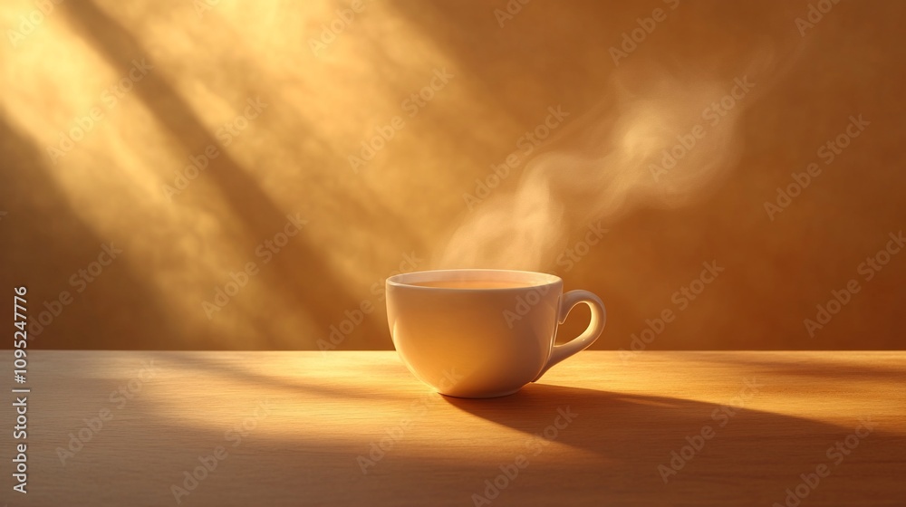 Warm morning sunlight illuminates a steaming cup of coffee on a wooden table.