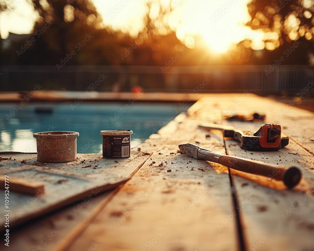 Outdoor pool with unfinished edges, construction tools and debris, suburban home under construction, soft golden hour light Outdoor pool with unfinished edges, construction tools and debris, suburban home under construction, soft golden hour light