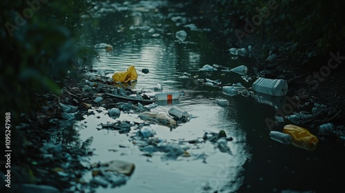 Polluted Stream Plastic Waste, Environmental Crisis, Water Pollution photo