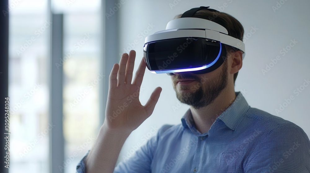 Man Experiencing Immersive Virtual Reality Headset Technology Man Experiencing Immersive Virtual Reality Headset Technology