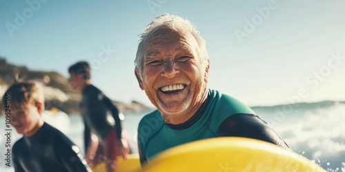 An elderly surfer joyfully rides waves while playfully engaging with kids at the beach