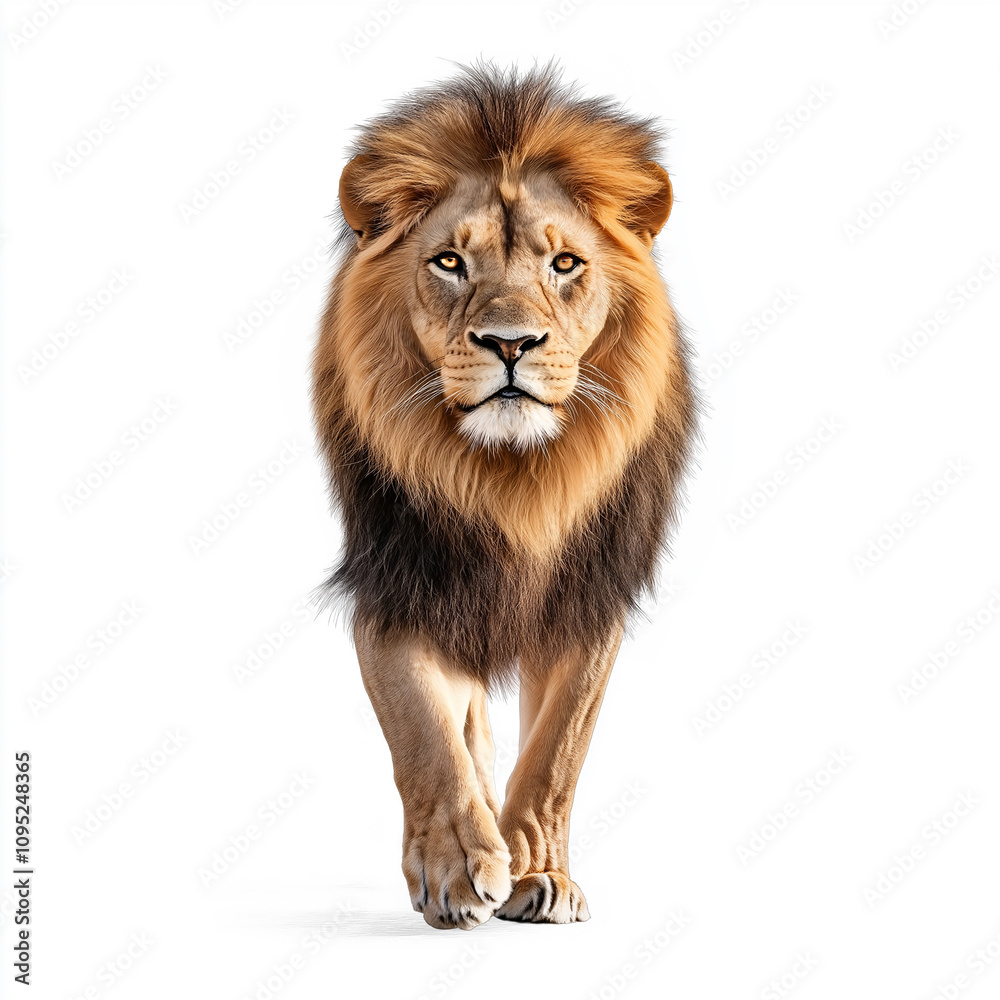 Majestic male lion walking forward on white background Majestic male lion walking forward on white background