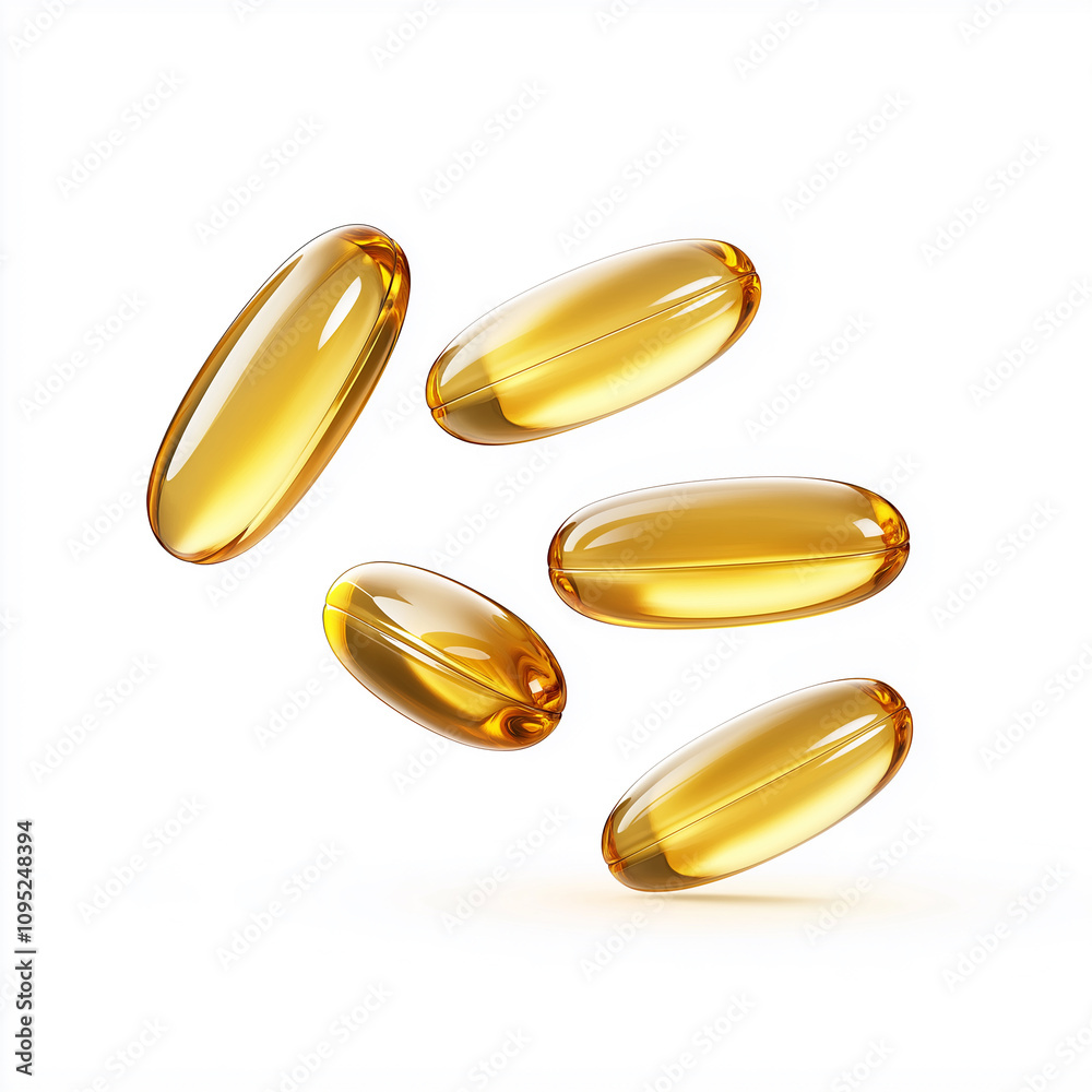Fish oil capsules floating on white background promoting health and wellness Fish oil capsules floating on white background promoting health and wellness