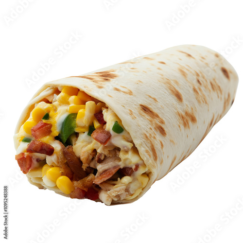Delicious burrito filled with chicken, bacon, corn, cheese, and jalapenos on ...