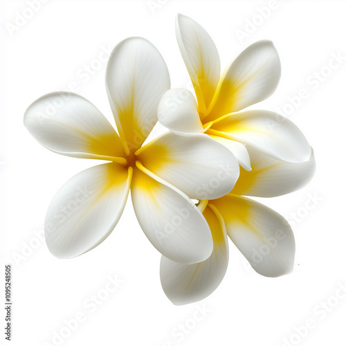 Two white and yellow frangipani flowers blooming on white background