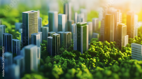 Green financial district featuring eco-friendly buildings, symbolizing sustainable finance