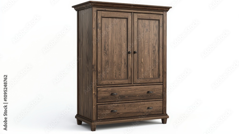 Classic wooden wardrobe with two doors and two drawers on white background Classic wooden wardrobe with two doors and two drawers on white background