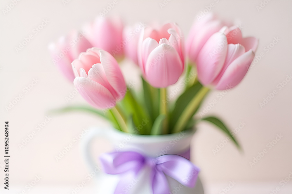 Soft pink tulips arranged in a white vase with a purple ribbon on a light background. Concept: Mother's Day gift and delicate spring beauty Soft pink tulips arranged in a white vase with a purple ribbon on a light background. Concept: Mother's Day gift and delicate spring beauty