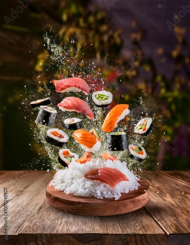 Sushi food on the table, delicious asian cooking, fusion sashimi