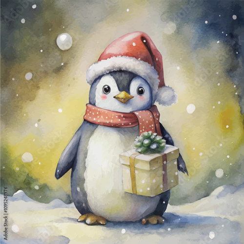 Festive penguin with holiday attire and snow-covered background