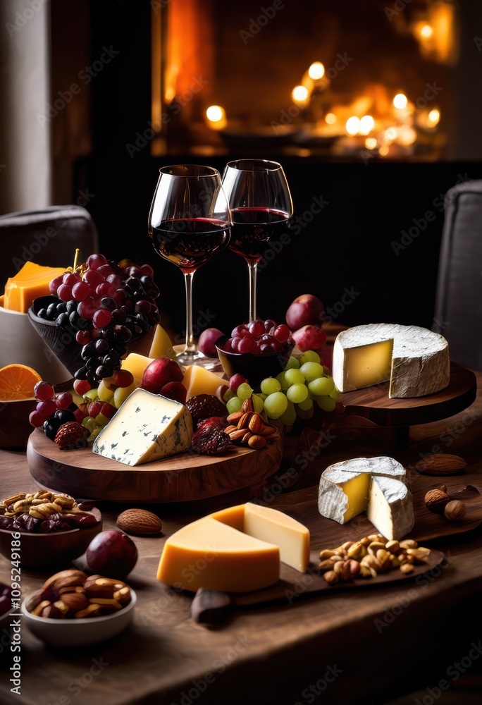 visual delight captivating wine cheese pairing rich dark wood setting culinary enthusiasts aficionados, gourmet, tasting, platter, board, arrangement