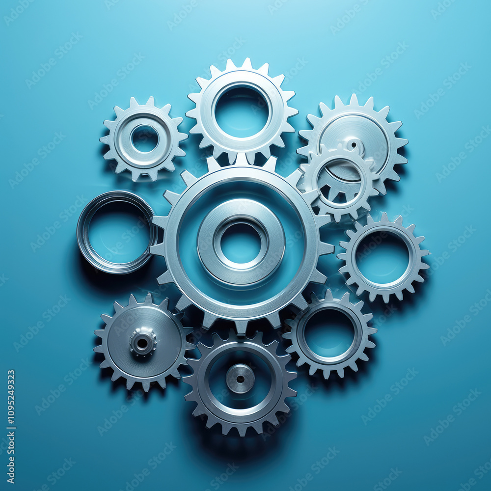 generated illustration of Blue metal cogs and gears interlocked. generated illustration of Blue metal cogs and gears interlocked.