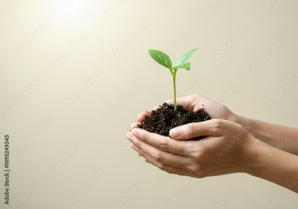 Woman farmer holding a small sprout growing from soil in her hands, representing growth, care, and environmental awareness Woman farmer holding a small sprout growing from soil in her hands, representing growth, care, and environmental awareness