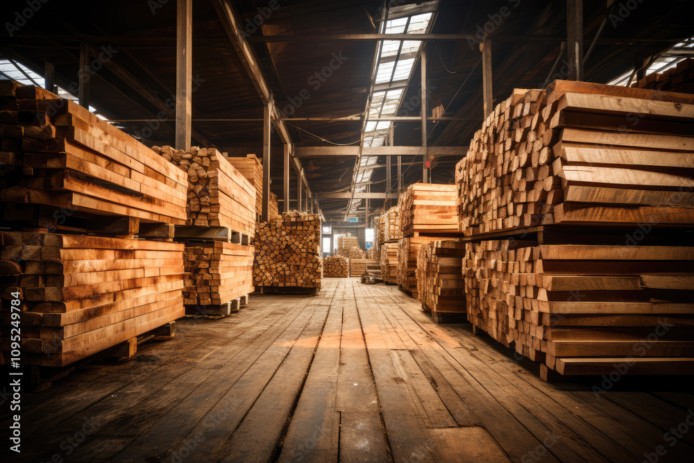 generated illustration of piles of fresh white oak planks stacked in the warehouse. generated illustration of piles of fresh white oak planks stacked in the warehouse.