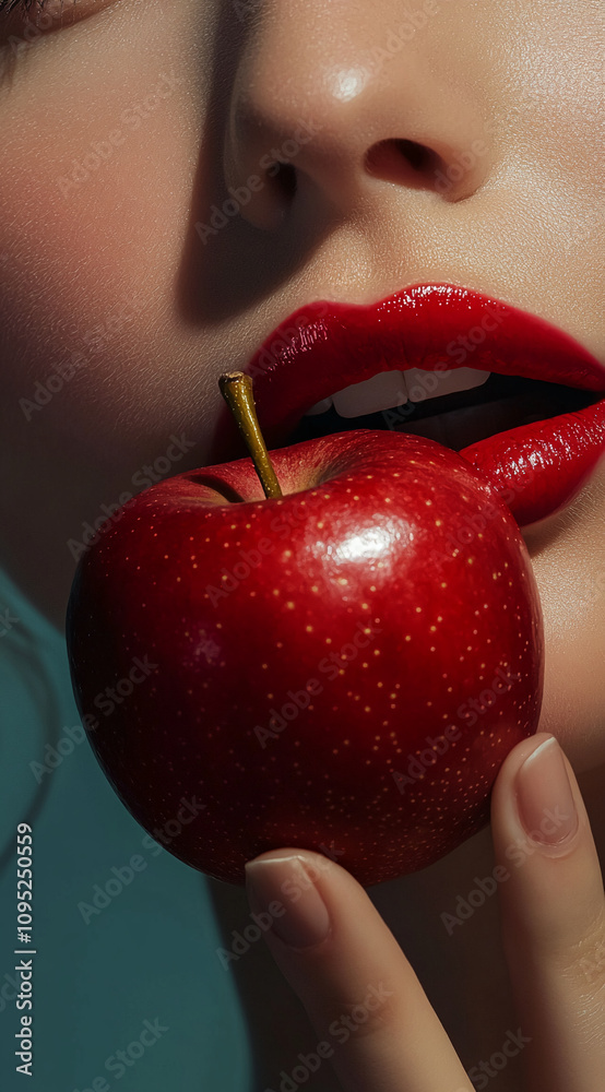 Woman with red lips holding a shiny apple, blending beauty with temptation in a creative portrait Woman with red lips holding a shiny apple, blending beauty with temptation in a creative portrait