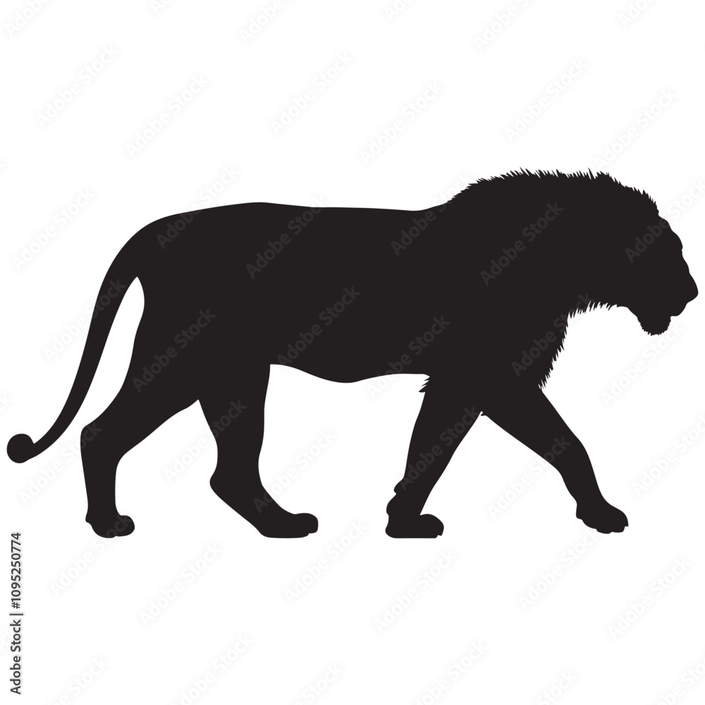 Obraz premium Lion Silhouette on White Background, Standing Lion Silhouette Vector, Lion Silhouette in African Savannah, Minimalist Lion Silhouette Design, Elegant Lion Silhouette for Branding.