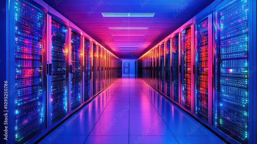 High-Tech Data Center Corridor with Vibrant Neon Lighting High-Tech Data Center Corridor with Vibrant Neon Lighting
