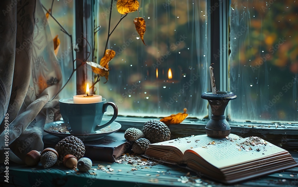 Autumn still life with cup of tea, candle, book and autumn leaves on windowsill Autumn still life with cup of tea, candle, book and autumn leaves on windowsill
