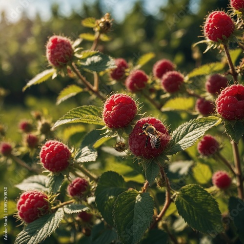 A bee resting on a raspberry bush in an idyllic countryside.