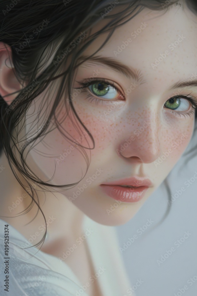 緑色の目とそばかすのある若い日本人女性の超リアルな肖像画 緑色の目とそばかすのある若い日本人女性の超リアルな肖像画