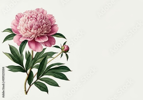 Fototapeta Naklejka Na Ścianę i Meble -  Elegant pink peony flower blooming with a bud and green leaves, creating a beautiful botanical illustration on a white background