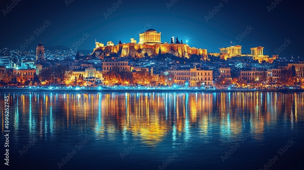 Obraz premium Athens Acropolis Night View Illuminated Ancient Greek Ruins Cityscape Reflection