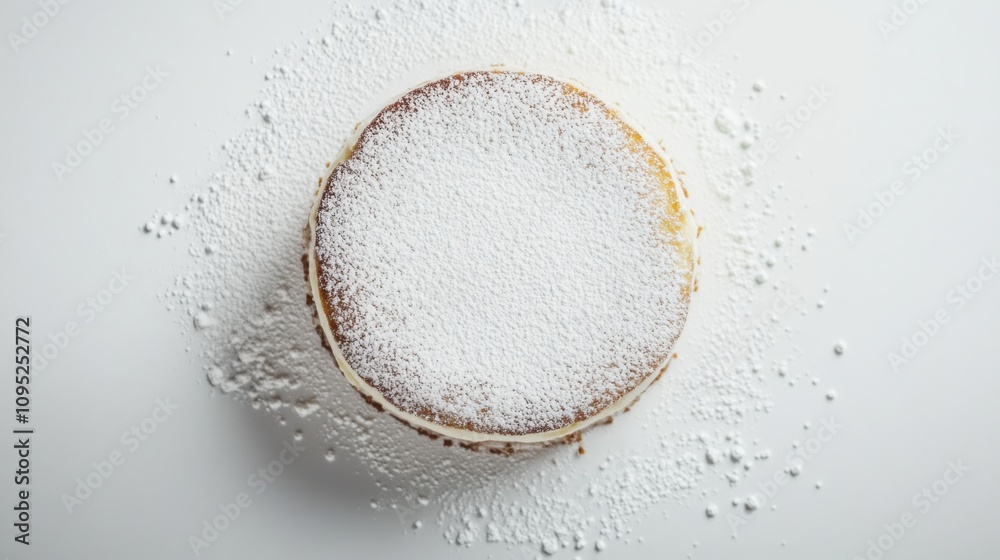 白い背景に粉砂糖をまぶしたおいしいケーキの上から見た図 白い背景に粉砂糖をまぶしたおいしいケーキの上から見た図