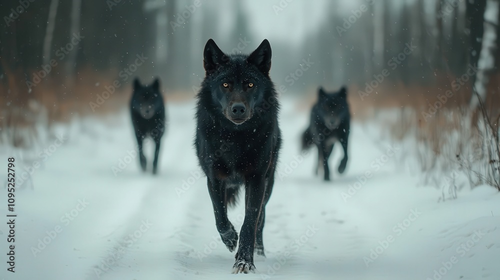 Black Wolves Pack Winter Snow Forest Wildlife Nature Black Wolves Pack Winter Snow Forest Wildlife Nature