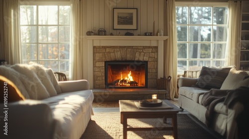 Cozy Living Room with a Fireplace and Sunlight Streaming Through Windows