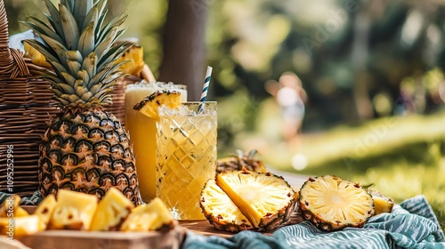 A pineapple-themed picnic setup, featuring sliced pineapples, tropical drinks, and a rustic basket photo