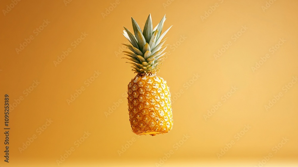 A single pineapple suspended mid-air, isolated on a gradient background transitioning from yellow to orange A single pineapple suspended mid-air, isolated on a gradient background transitioning from yellow to orange