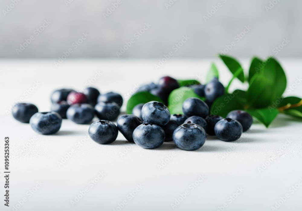 Ripe blueberries and green leaves arranged on a white tabletop, creating a vibrant display of freshness Ripe blueberries and green leaves arranged on a white tabletop, creating a vibrant display of freshness