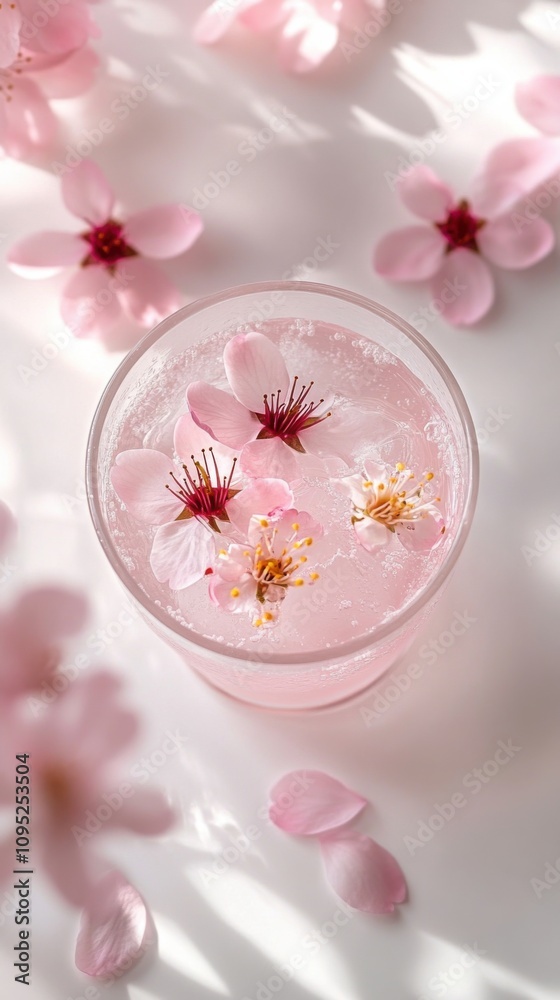 優しい光の中で柔らかいピンクの花びらを飾った春の花のドリンクアレンジメント 優しい光の中で柔らかいピンクの花びらを飾った春の花のドリンクアレンジメント