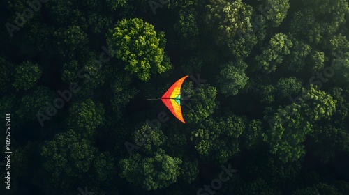 55. A colorful kite soaring high above a dark green forest