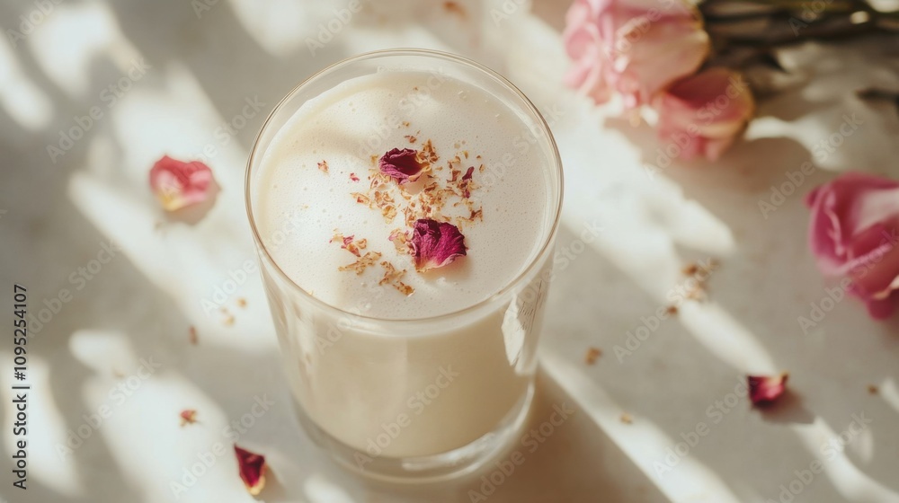 花が咲いた光る飲み物に柔らかな光が当たる - 春のデザインのための空中写真 花が咲いた光る飲み物に柔らかな光が当たる - 春のデザインのための空中写真