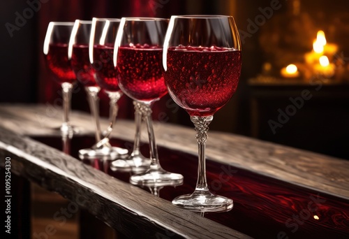 elegant arrangement wine glasses filled rich red liquid beautifully textured surface highlighting detailing color contrast, glassware, elegance, vibrant