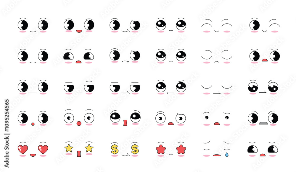 Naklejka premium Cartoon faces. Expressive eyes and mouth, smiling, crying and surprised character face expressions. Caricature comic emotions or emoticon doodle.