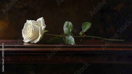 36. A single white rose lying on a dark mahogany table