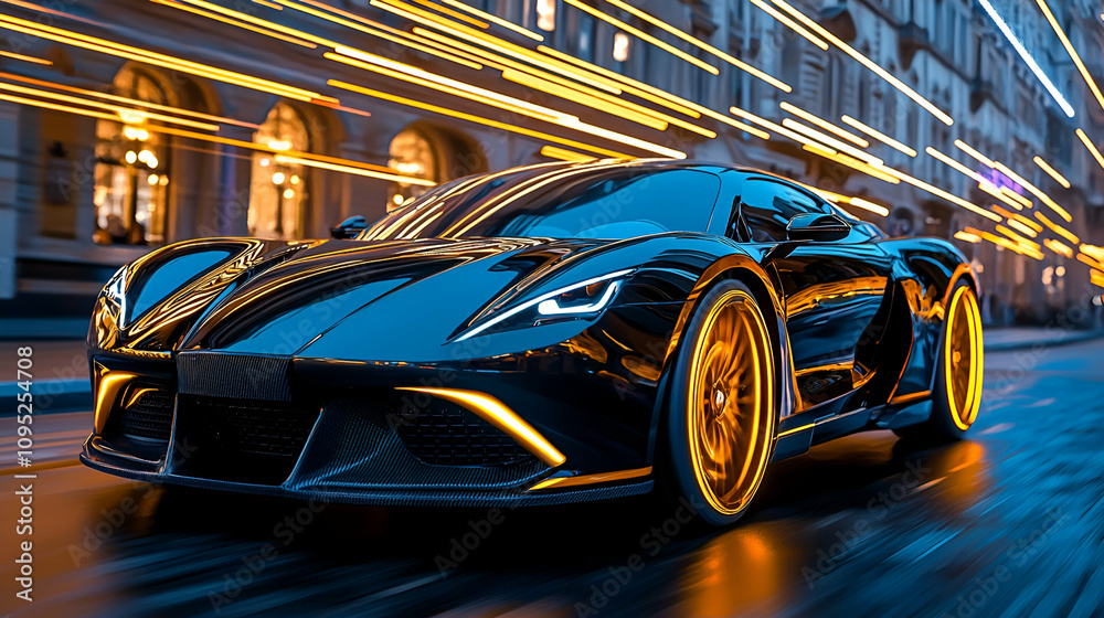 A sleek black sports car with golden rims speeds through a city, showcasing dynamic motion and a luxurious design. A sleek black sports car with golden rims speeds through a city, showcasing dynamic motion and a luxurious design.