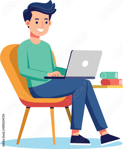 a boy is using his laptop vector