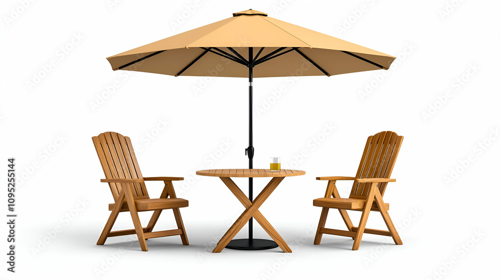 A cozy outdoor seating area featuring two wooden chairs and a large umbrella over a round table. A cozy outdoor seating area featuring two wooden chairs and a large umbrella over a round table.