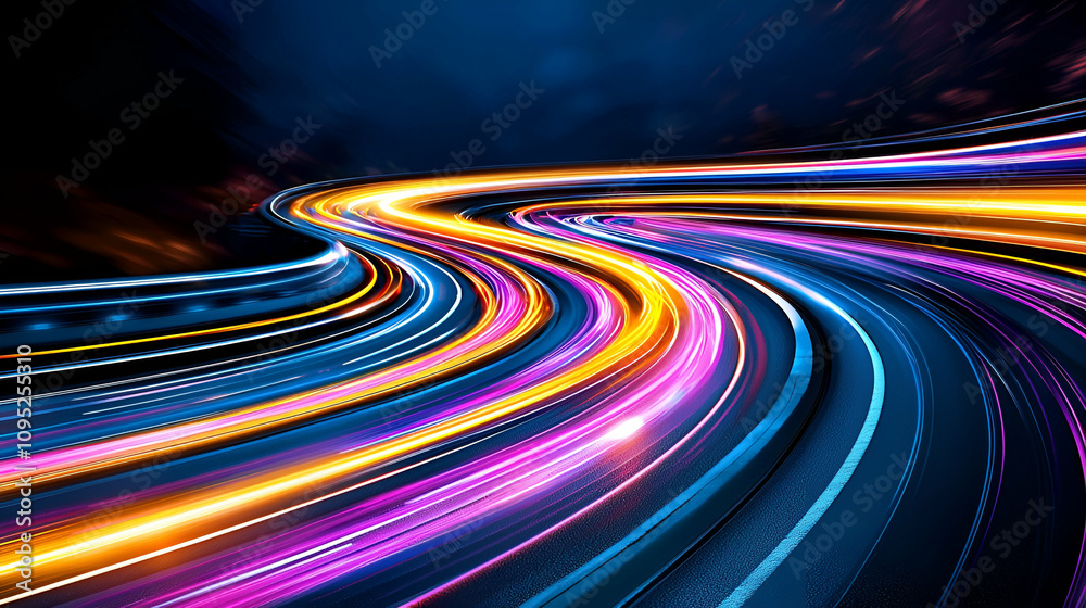 A vibrant, abstract image featuring colorful light trails curving through a dark background, evoking a sense of motion and energy.