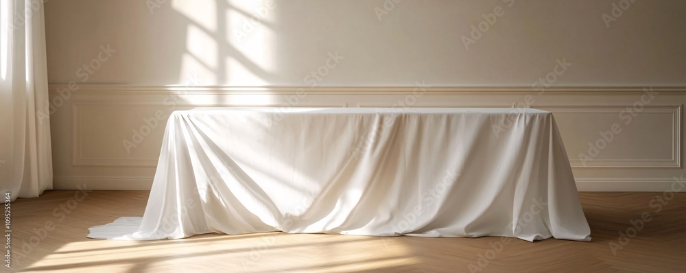 White tablecloth draped over table in sunlit room White tablecloth draped over table in sunlit room