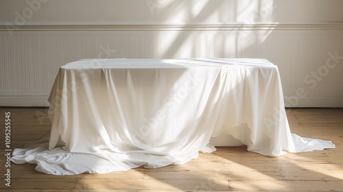 White tablecloth draped over table in sunlit room