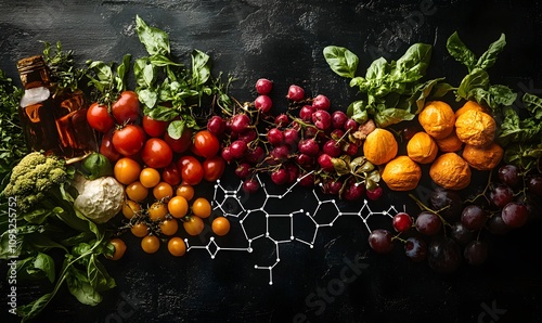 A vibrant arrangement of astaxanthin-rich foods with the structural chemical formula overlaid transparently in the background photo