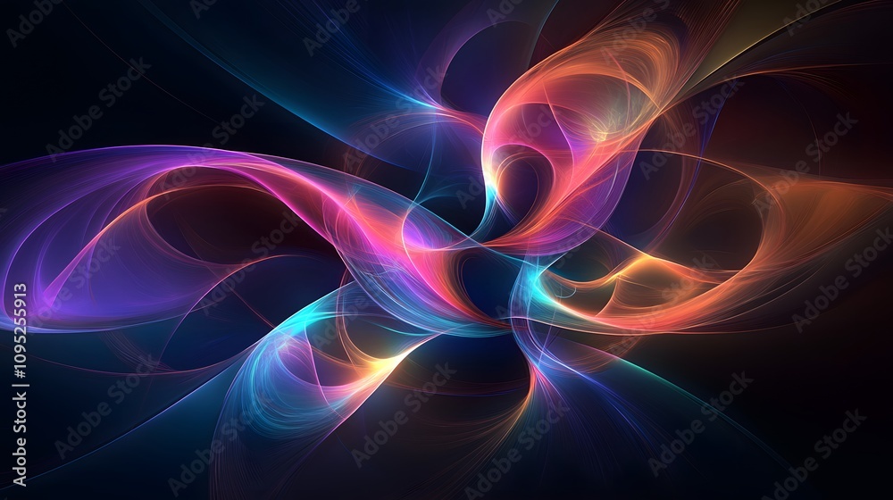 Fototapeta premium Iridescent fractal patterns on a black background, with swirling shapes and lines in shades of green, purple, blue, pink, yellow, and orange