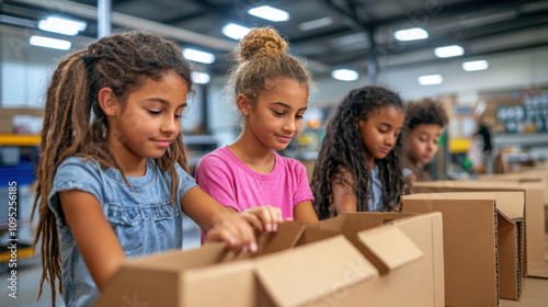 Teamwork and Learning: Children Engaged in Packaged Goods Assembly in a Warehouse Setting. Generative ai